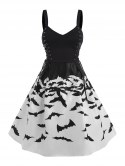 Halloween Bat Print Lace Up Sweetheart Dress