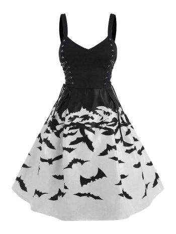 Halloween Bat Print Lace Up Sweetheart Dress