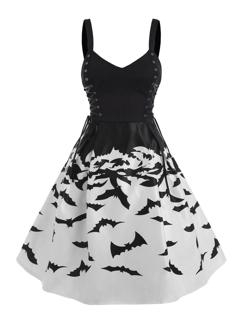 Halloween Bat Print Lace Up Sweetheart Dress