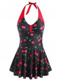 Halter Cherry Print Skirted Boyshorts Tankini Swimwear