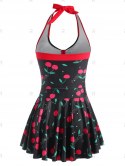 Halter Cherry Print Skirted Boyshorts Tankini Swimwear