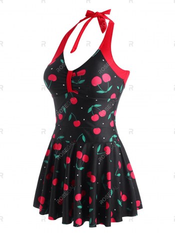 Halter Cherry Print Skirted Boyshorts Tankini Swimwear
