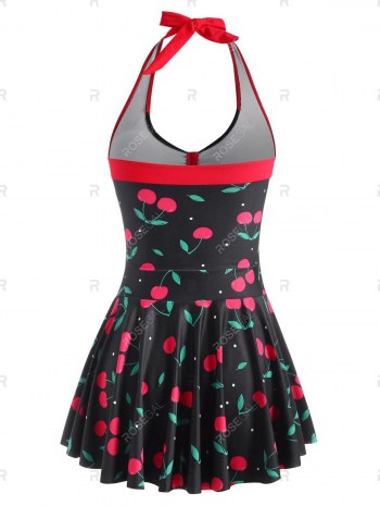 Halter Cherry Print Skirted Boyshorts Tankini Swimwear