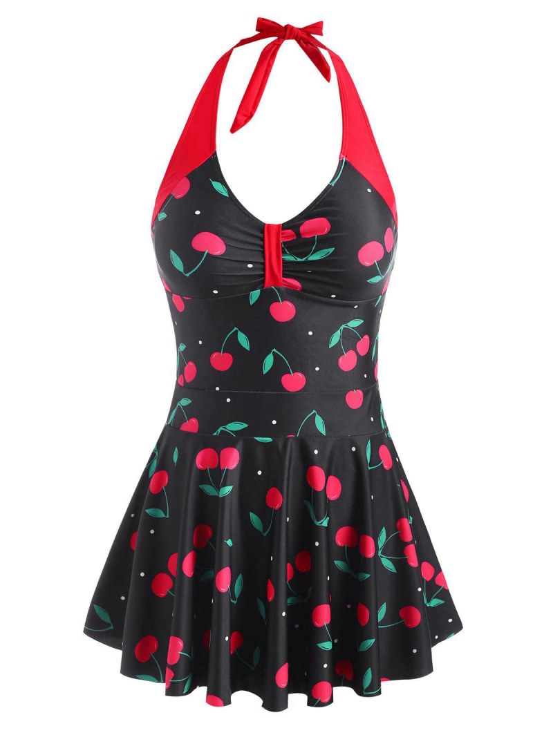 Halter Cherry Print Skirted Boyshorts Tankini Swimwear
