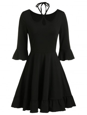 Halter Keyhole Flare Sleeve Flounce Hem Dress