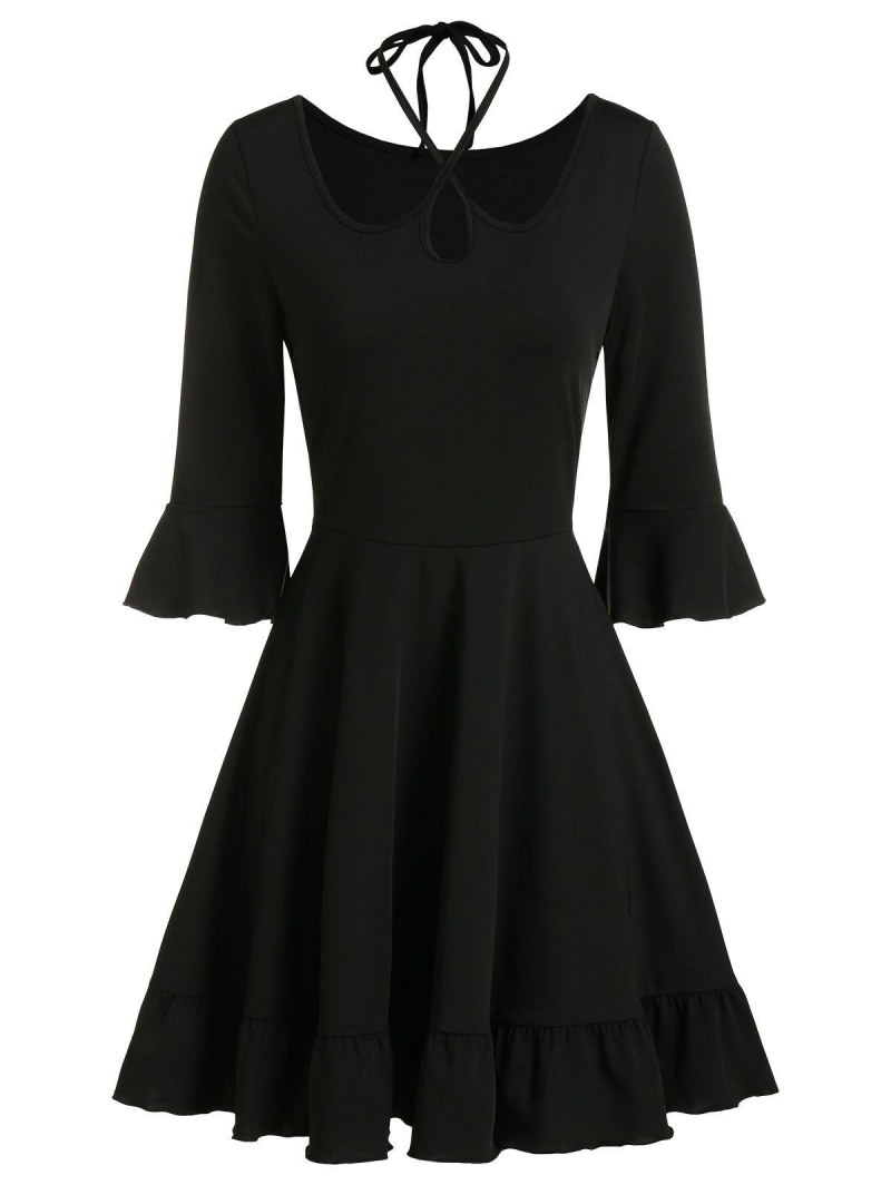 Halter Keyhole Flare Sleeve Flounce Hem Dress