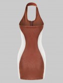Halter Ribbed Velvet Half-zip Bicolor Bodycon Dress