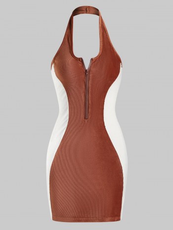 Halter Ribbed Velvet Half-zip Bicolor Bodycon Dress
