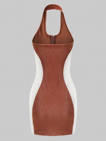 Halter Ribbed Velvet Half-zip Bicolor Bodycon Dress