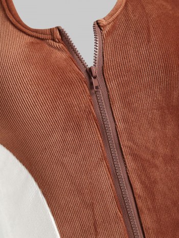 Halter Ribbed Velvet Half-zip Bicolor Bodycon Dress