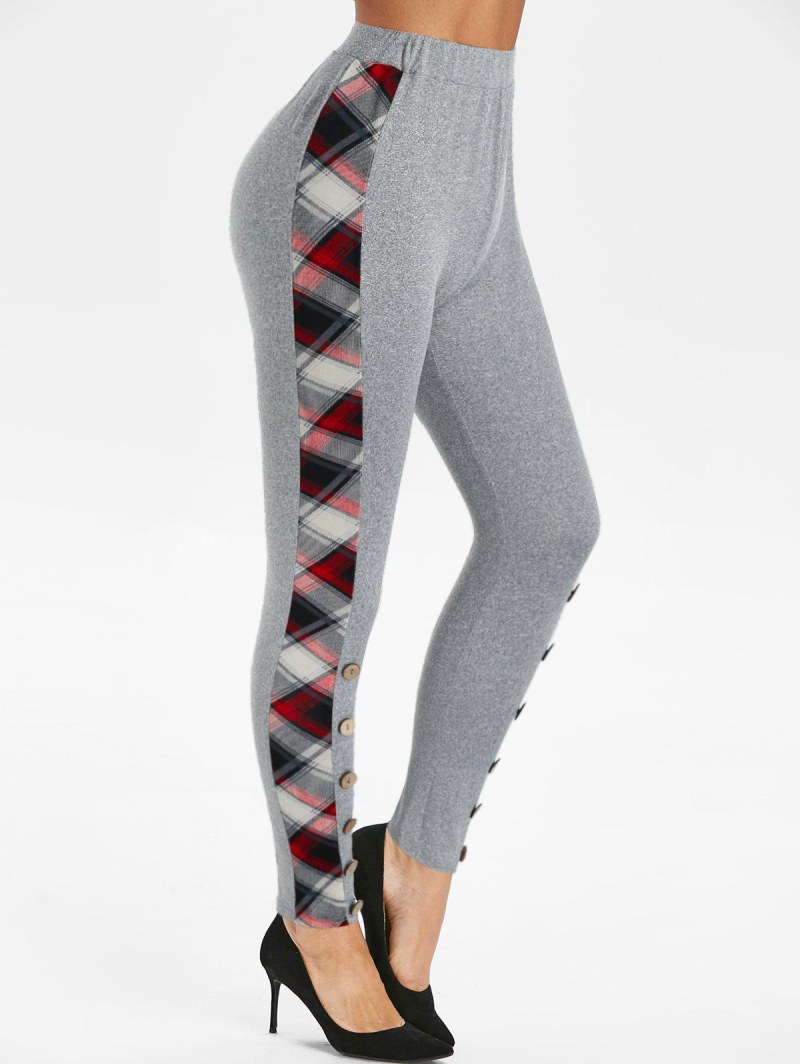 High Rise Button Plaid Trim Leggings