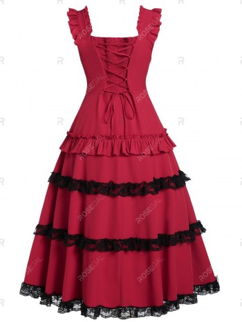 High Waist Lace Panel Ruffle Smocked Vintage Dress