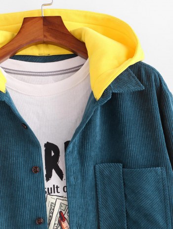 Hooded Doctor Sleeve Faux Twinset Corduroy Jacket