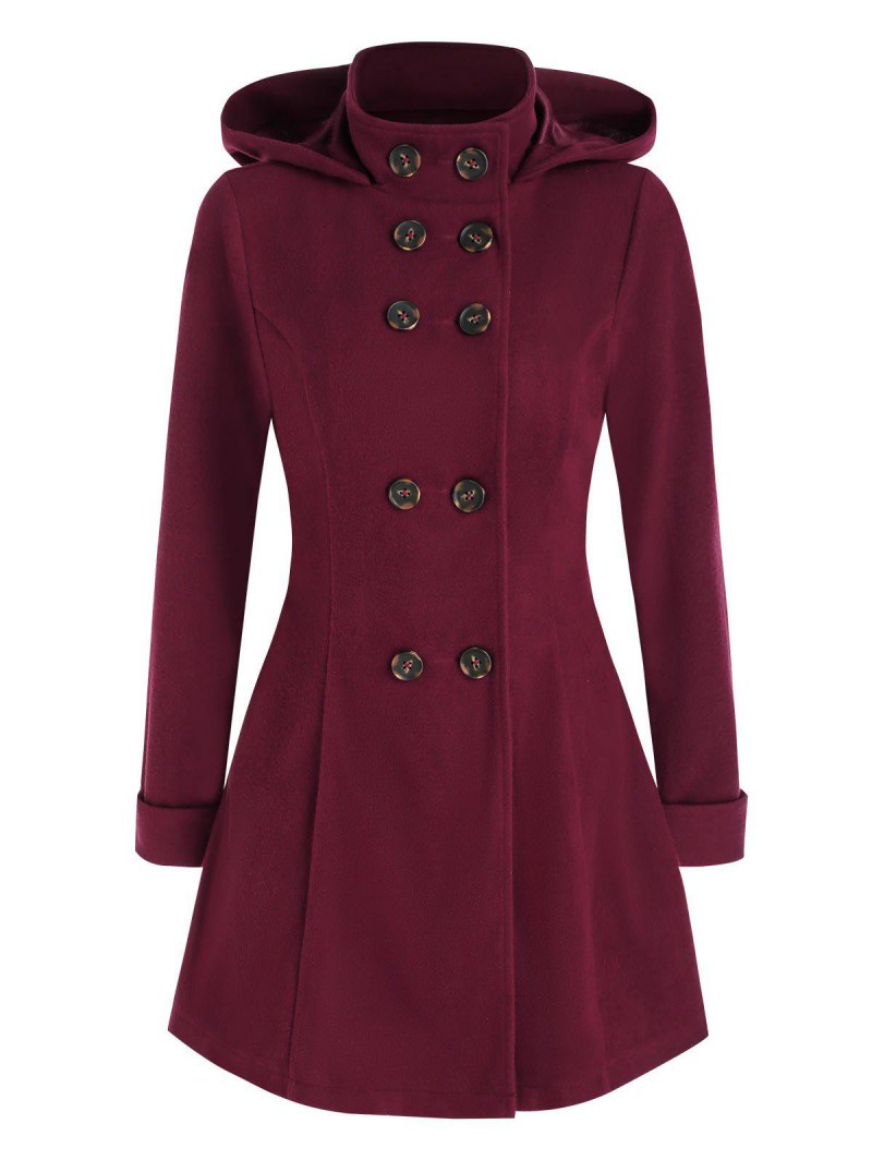 Hooded Double Breasted Wool Coat