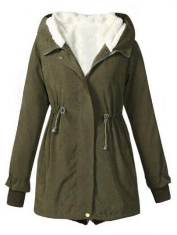 Hooded Drawstring Waist Zip Coat