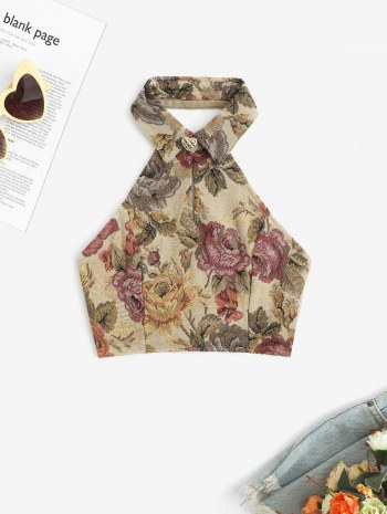 Keyhole Flower Lace Up Backless Tank Top