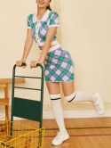 Knitted Argyle Single Button Collared Top And Skirt Set