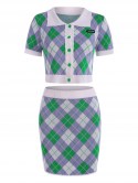 Knitted Argyle Single Button Collared Top And Skirt Set