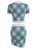 Knitted Argyle Single Button Collared Top And Skirt Set