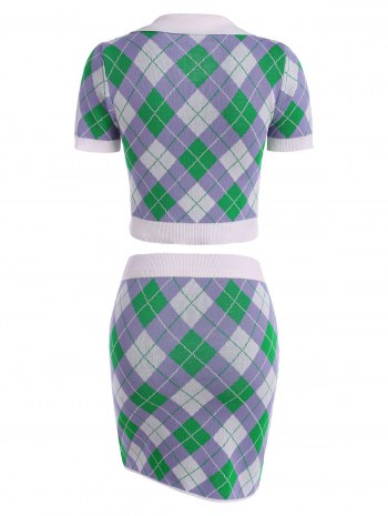 Knitted Argyle Single Button Collared Top And Skirt Set
