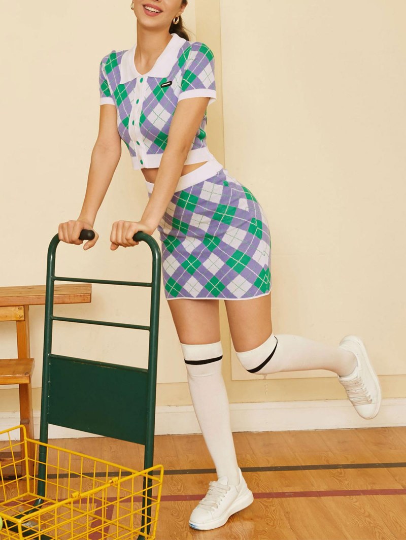 Knitted Argyle Single Button Collared Top And Skirt Set