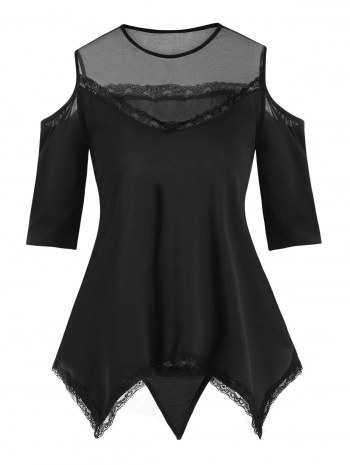 Lace And Mesh Cold Shoulder Pajama Top Set