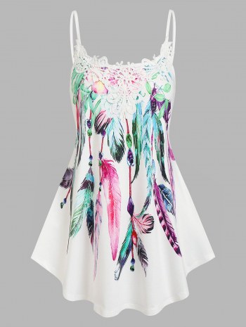 Lace Applique Feather Print Tank Top