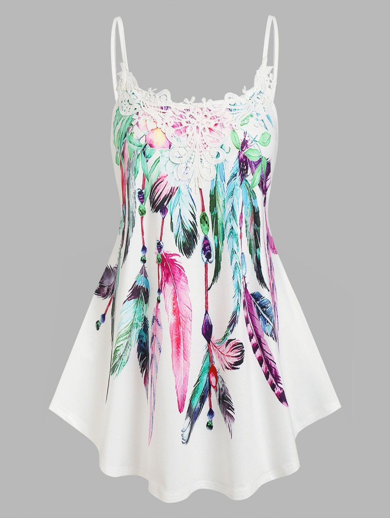 Lace Applique Feather Print Tank Top