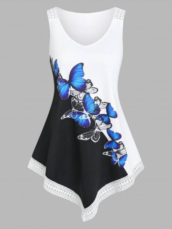 Lace Insert Contrast Butterfly Print Tank Top