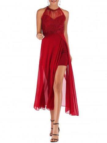 Lace Panel Picot Trim Chiffon Slit Dress