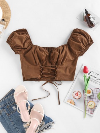 Lace Up Puff Sleeve Milkmaid Blouse