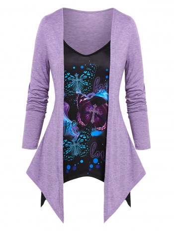 Letters Butterflies Print Heathered Faux Twinset T-shirt