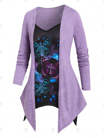 Letters Butterflies Print Heathered Faux Twinset T-shirt