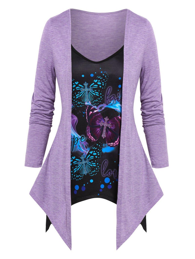 Letters Butterflies Print Heathered Faux Twinset T-shirt