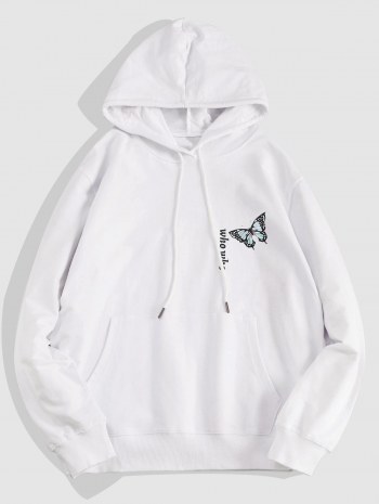 Letters Butterfly Print Kangaroo Pocket Hoodie