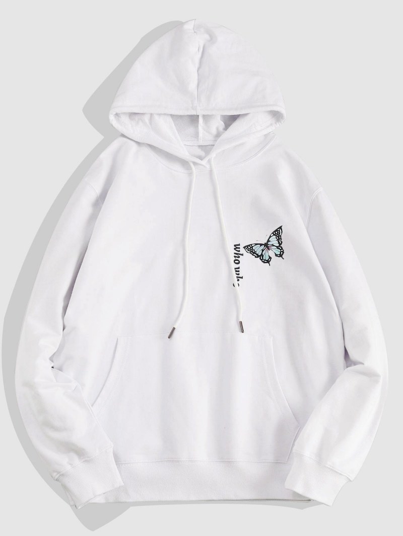 Letters Butterfly Print Kangaroo Pocket Hoodie