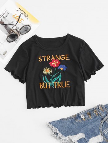 Lettuce-trim Floral Letter Embroidered Jersey Baby Tee