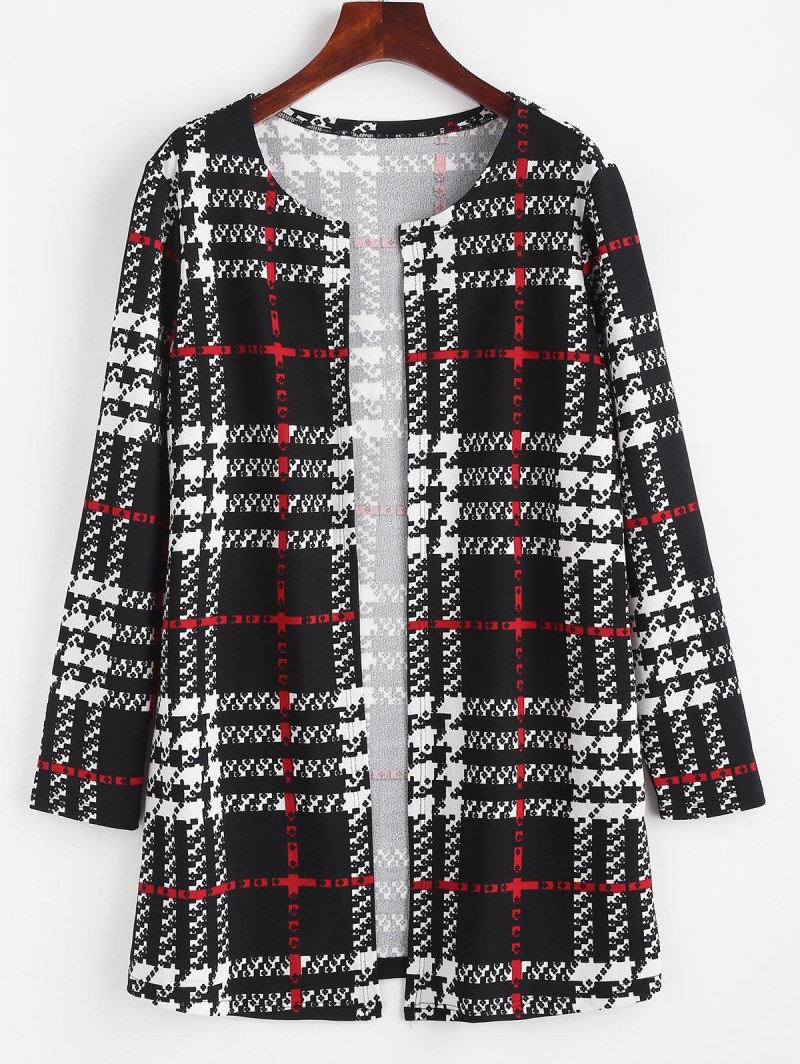 Long Plaid Open Front Coat