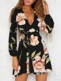 Long Sleeve Low Cut Floral Dress