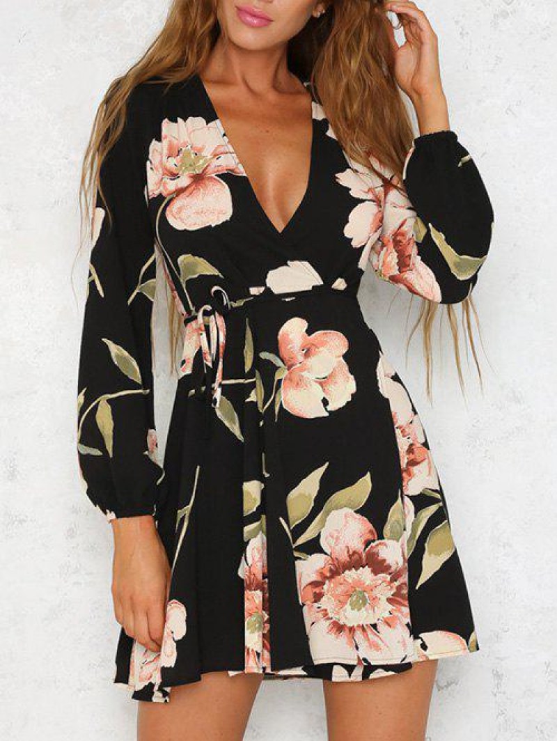 Long Sleeve Low Cut Floral Dress