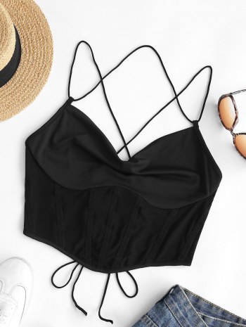 Mesh Panel Lace-up Draped Cami Bralette Top