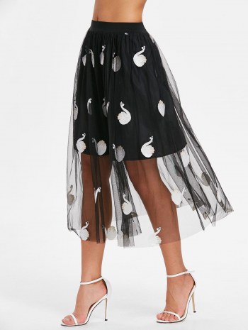 Midi Mesh Swan Embroidered Skirt