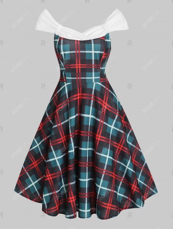Off Shoulder Plaid Knotted Knee Length Dress
