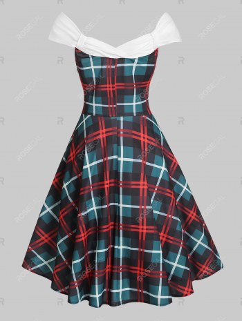 Off Shoulder Plaid Knotted Knee Length Dress