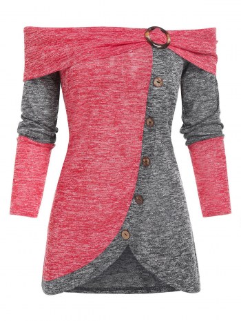 Off The Shoulder O-ring Contrast Heathered T-shirt