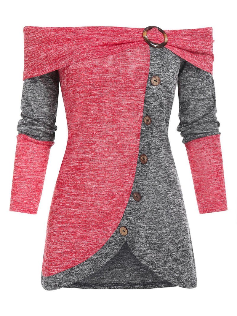 Off The Shoulder O-ring Contrast Heathered T-shirt