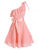 One Shoulder Bowknot Flounce Flare Dress