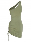 One Shoulder Cutout Ruched Slinky Mini Dress