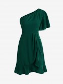 One Shoulder Flutter Sleeve Ruffles Mini Dress