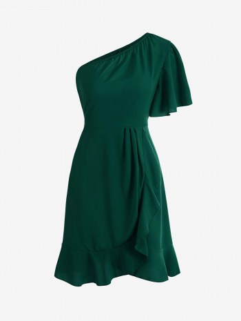 One Shoulder Flutter Sleeve Ruffles Mini Dress